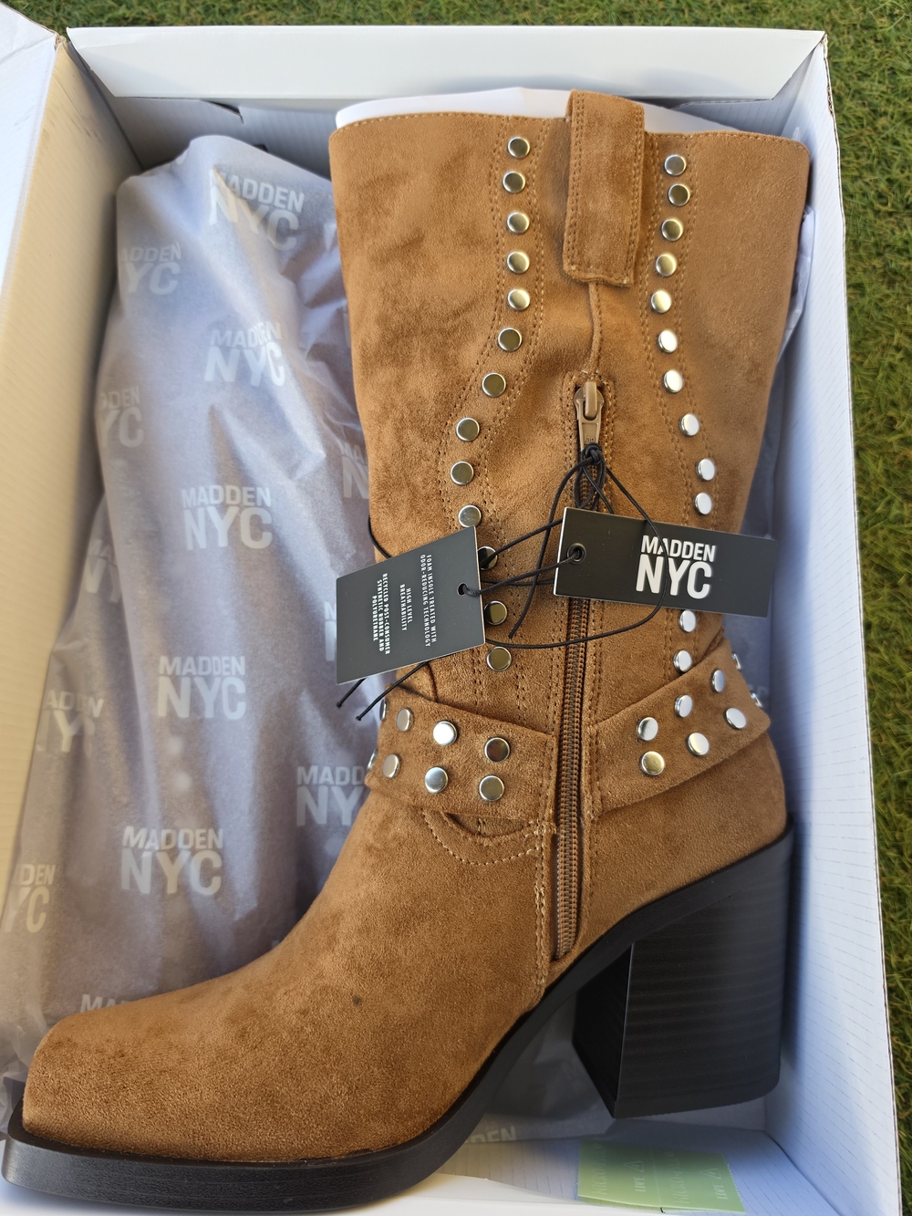 Madden NYC Women's Tan Suede Studded Heeled Boots